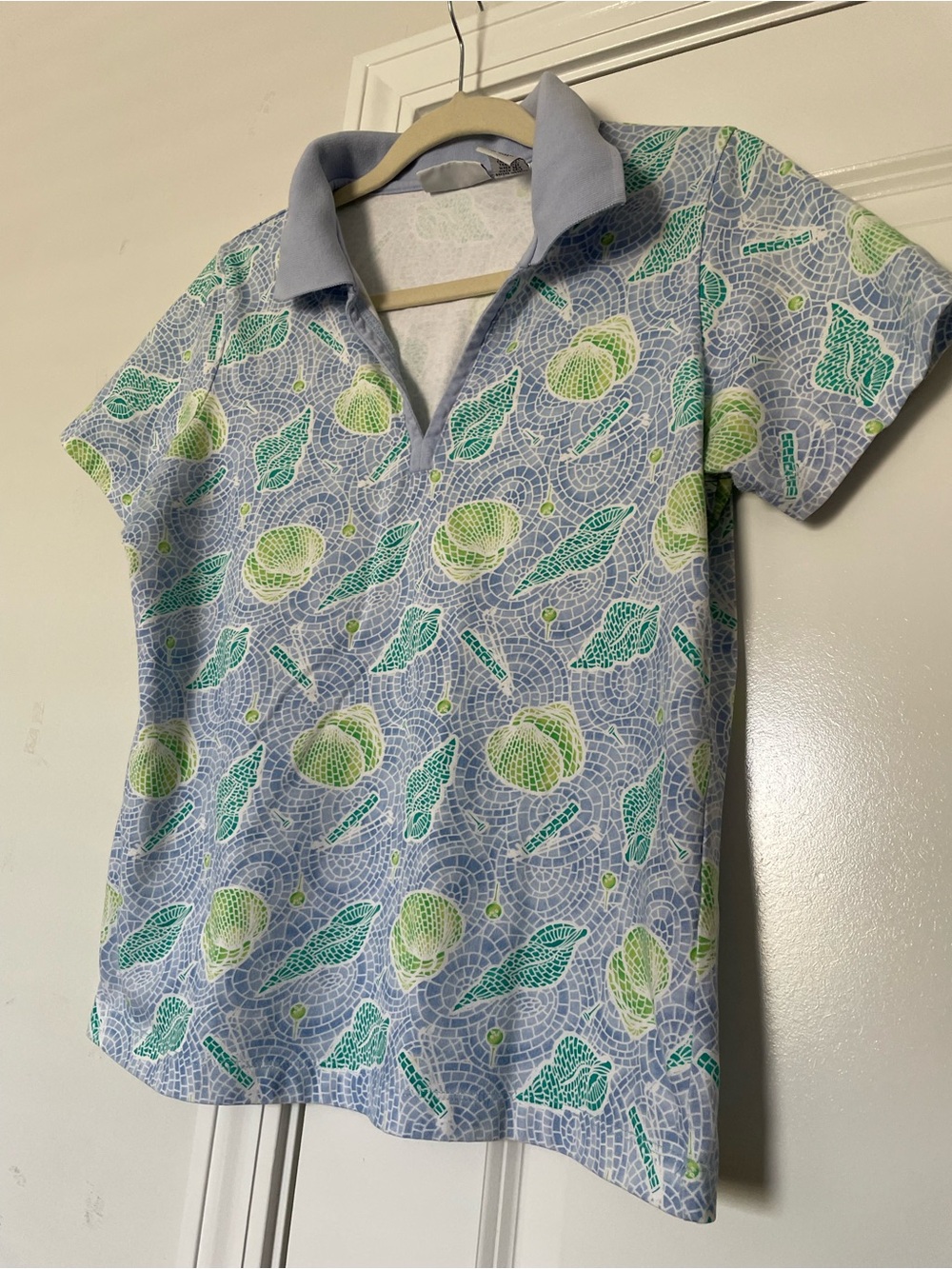 VTG Coral Bay Golf Polo Shirt Top Womens M Coastal Shells Summer Collared V Neck